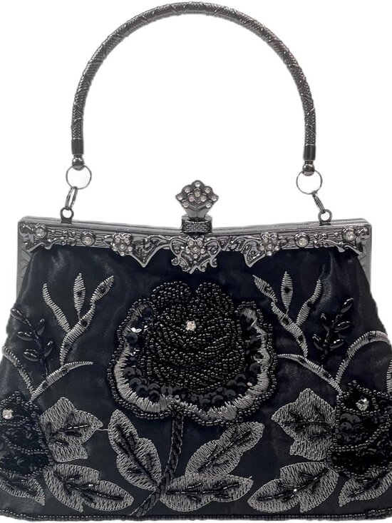 Handbags - Rose Embroidered Vintage Beaded Evening Bag for Women, Elegant Handled Clutch fo